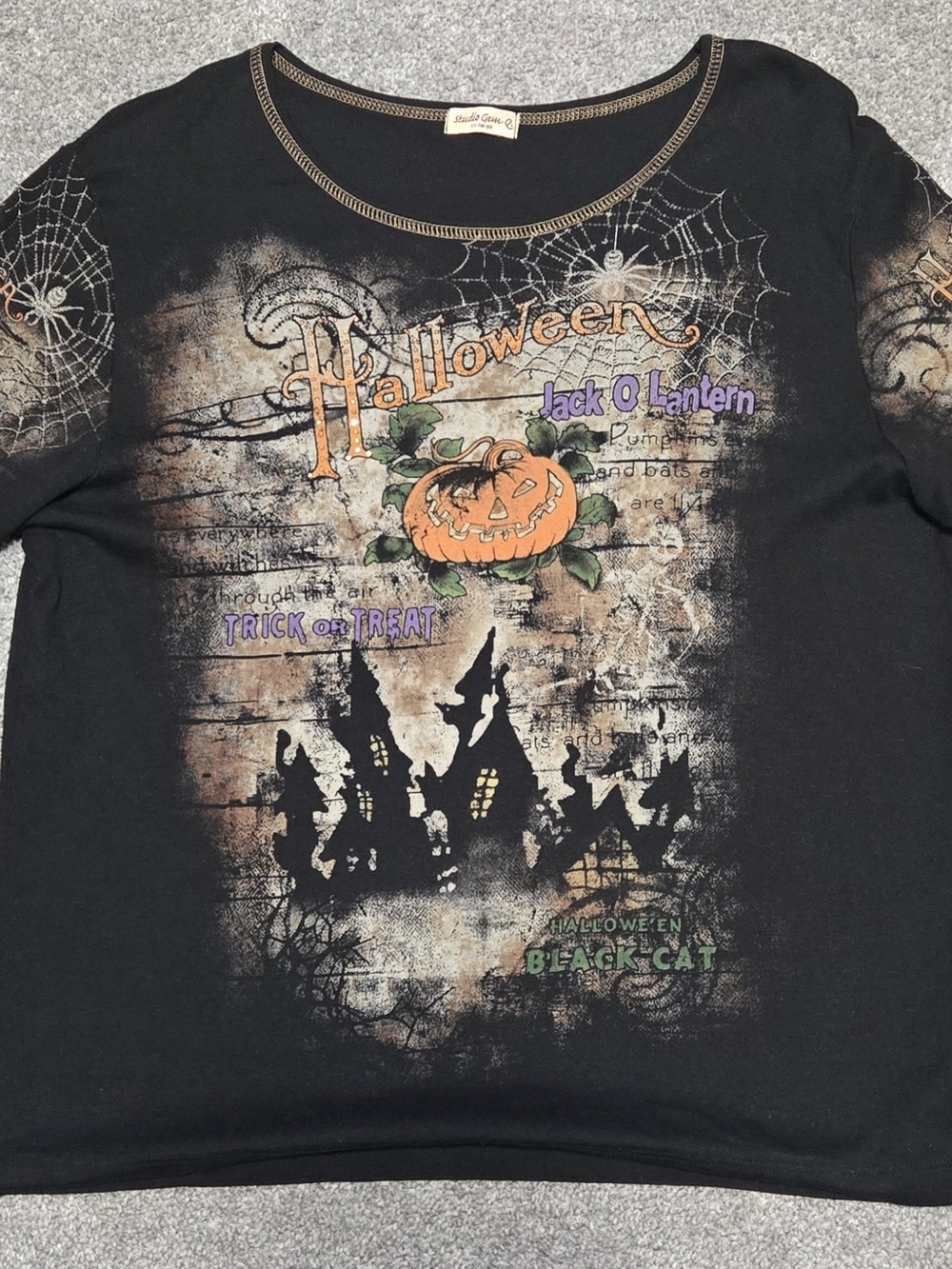 Studio Gem Q Top Womens XX Happy Halloween Y2K Scary Castle Candy Bling Shirt